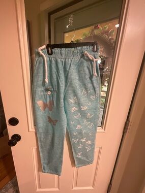 Light Blue Butterfly Print Linen/Cotton Pant with Drawstring